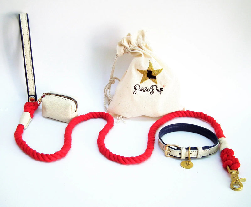 Red/White - Rope Leash with Leather Handle