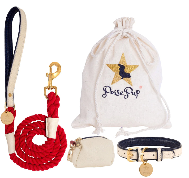 Red/White - Rope Leash with Leather Handle
