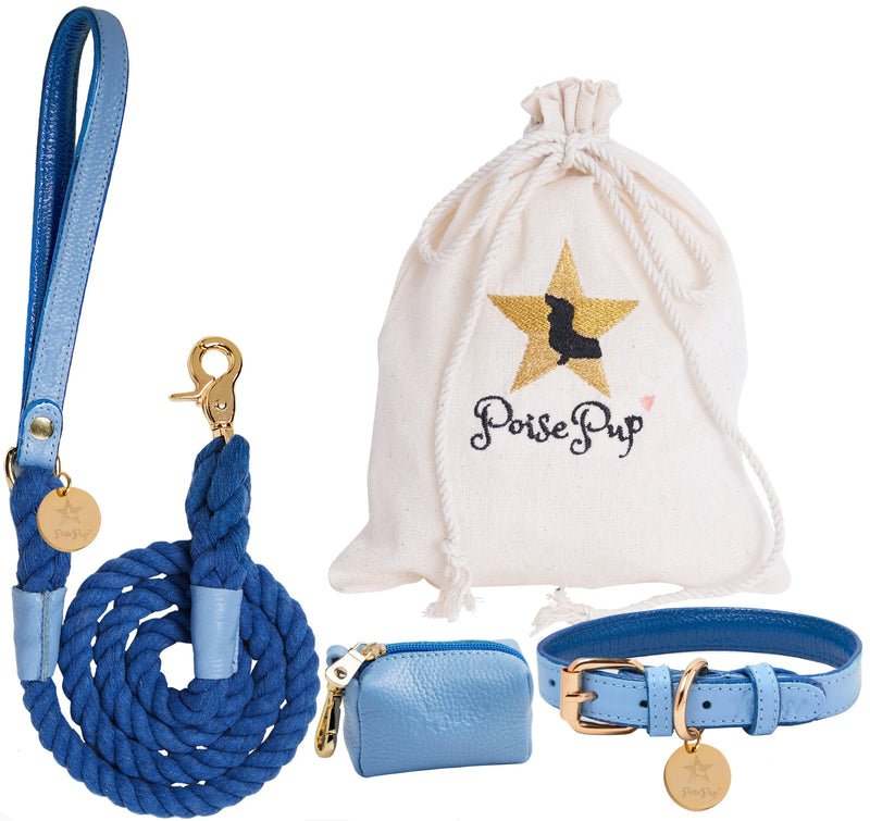 Rope Leash with Leather Handle - Ocean Blue