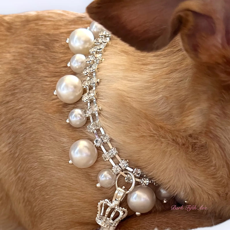 Classy Rhinestone & Pearl Crown Dog Necklace
