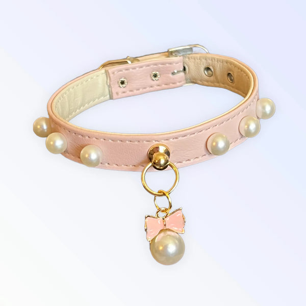 Vegan Leather Beaded Pearls & Bow Dog Collar