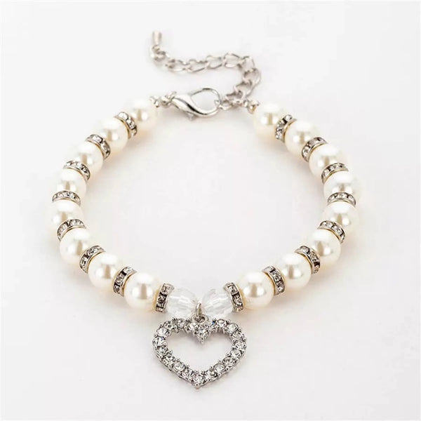 Heart & Pearl Crystal Dog Necklace